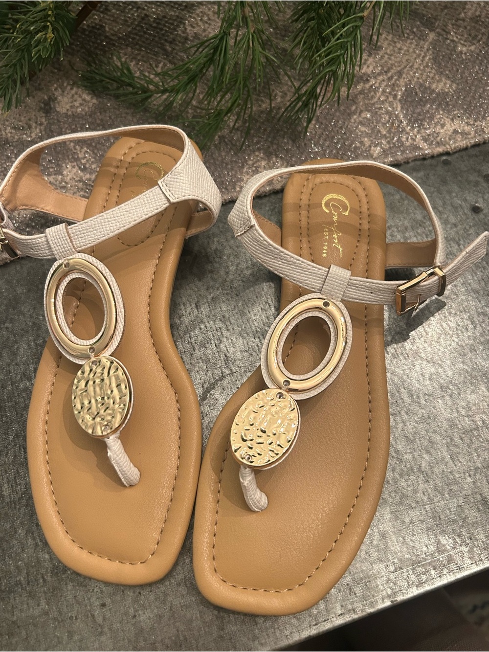 comfort plus by Predictions Tan and Beige T-Strap Sandals with Gold Medallions